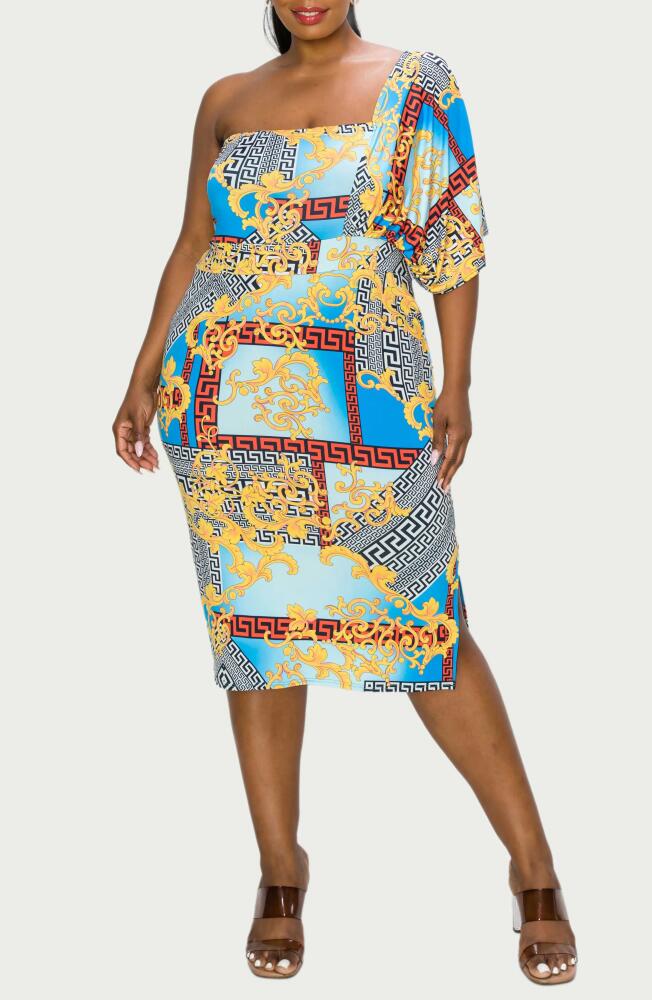 L I V D Sofia Mixed Print One-Shoulder Body-Con Dress in Blue Cover