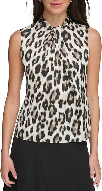 DKNY Sleeveless Twist Neck Blouse (Light Khaki Multi) Women's Clothing Cover