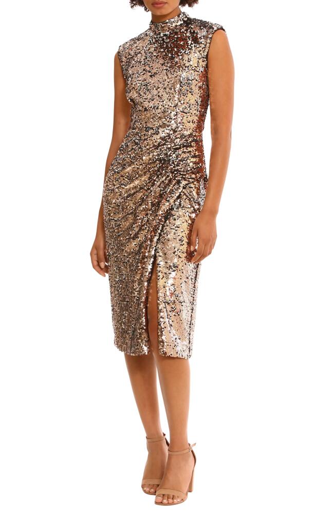 DONNA MORGAN FOR MAGGY Sequin Mock Neck Cocktail Dress in Gold Cover