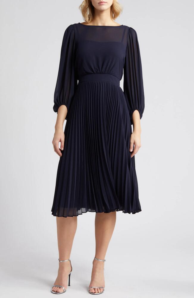 Eliza J Balloon Sleeve Pleated Midi Dress in Navy Cover