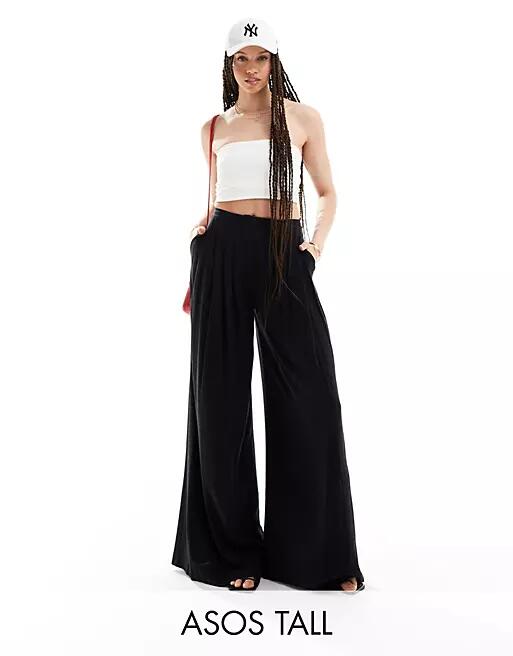 ASOS DESIGN Tall pleated palazzo wide leg pants with linen in black Cover