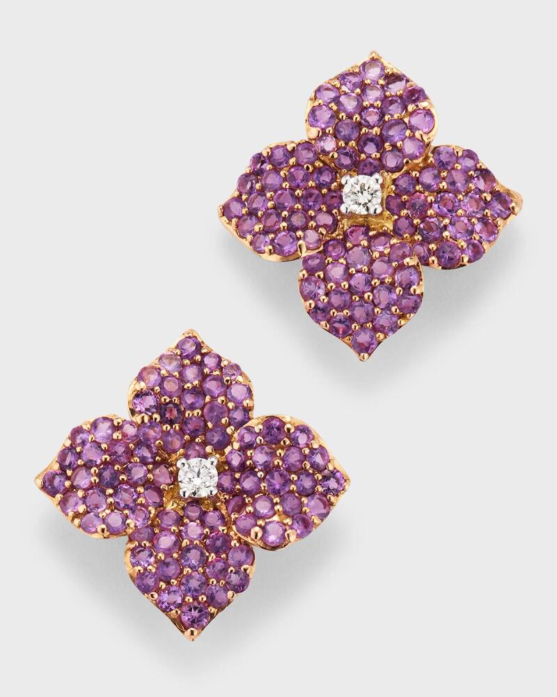 Piranesi 18K White and Rose Gold Pave Amethyst Small Flower Stud Earrings with Round Diamonds Cover