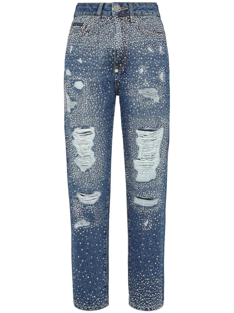 Philipp Plein crystal-embellished distressed-denim trousers - Blue Cover