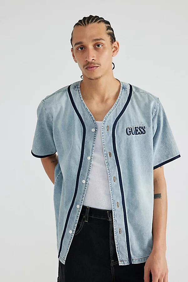 GUESS JEANS GUESS ORIGINALS Short Sleeve Denim Baseball Shirt Top in Light Wash Denim Cover