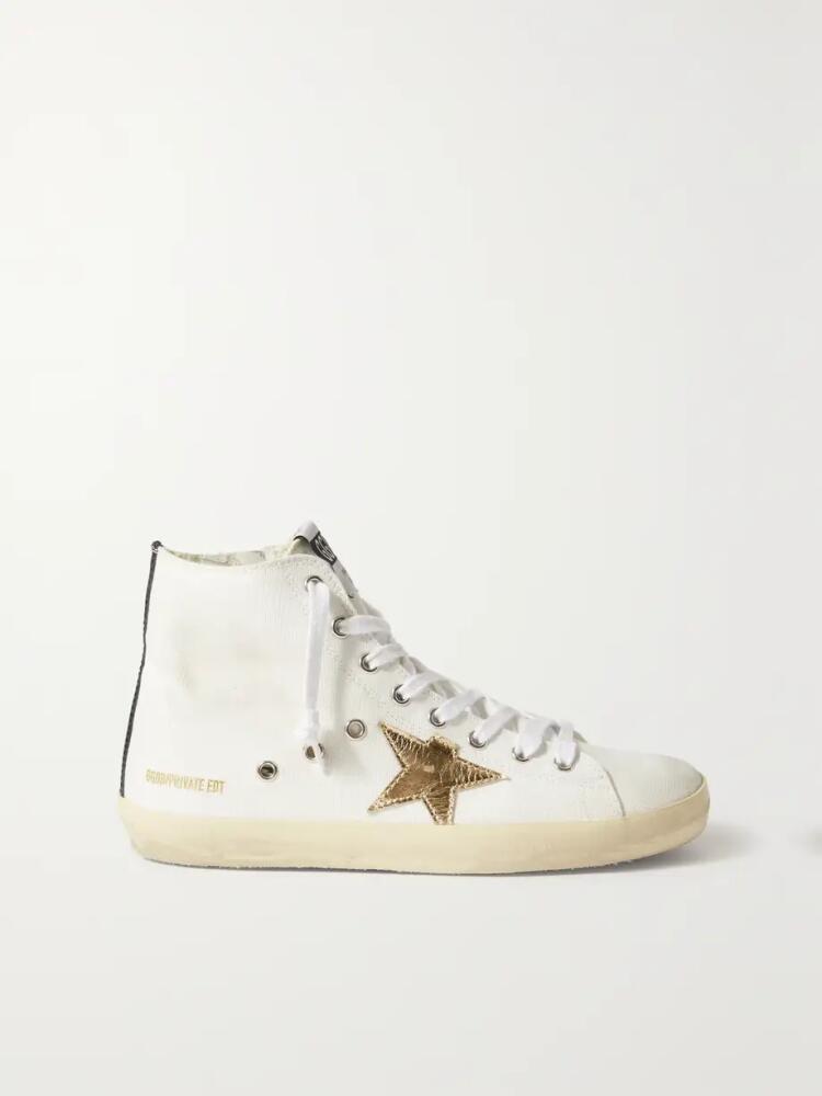 Golden Goose - Slide Distressed Metallic Leather-trimmed Canvas High-top Sneakers - Cream Cover