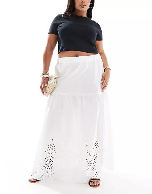 ONLY Curve embroidered tiered maxi skirt in white Cover