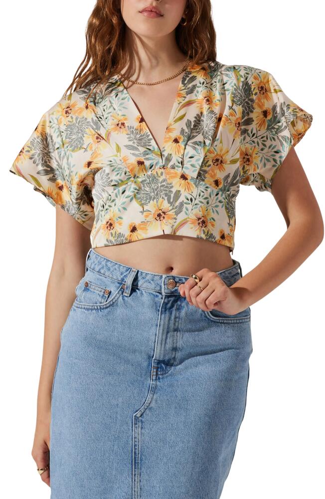 ASTR the Label Tie Back Crop Satin Blouse in Cream Yellow Floral Cover