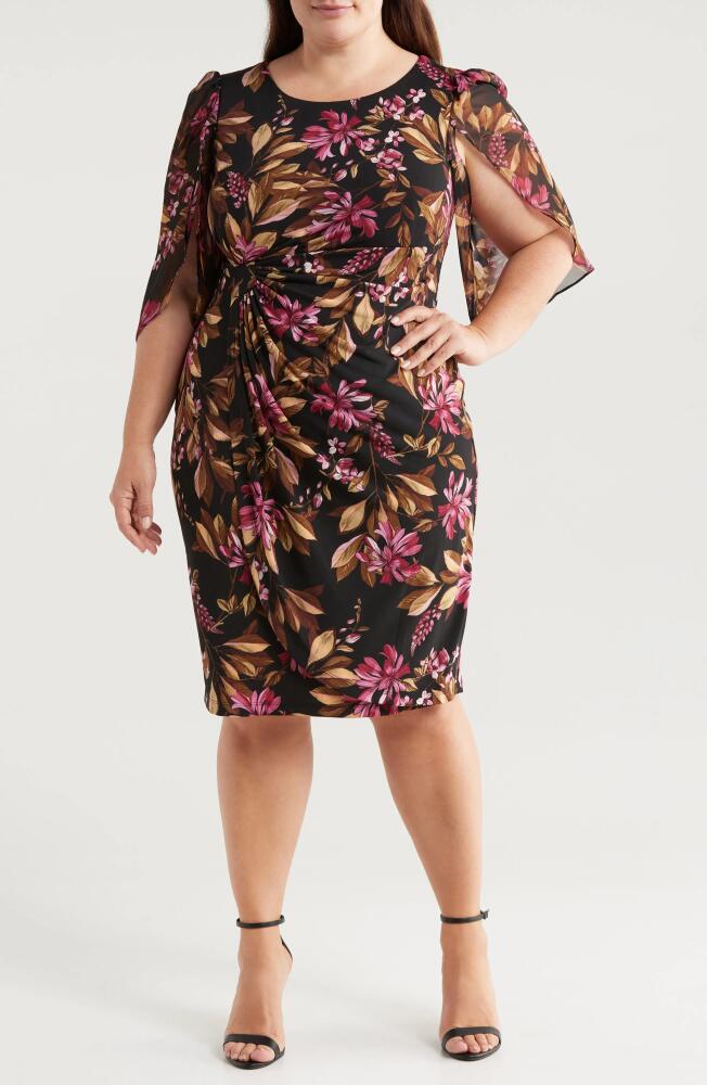 Connected Apparel Floral Chiffon Sleeve Faux Wrap Dress in Merlot Cover