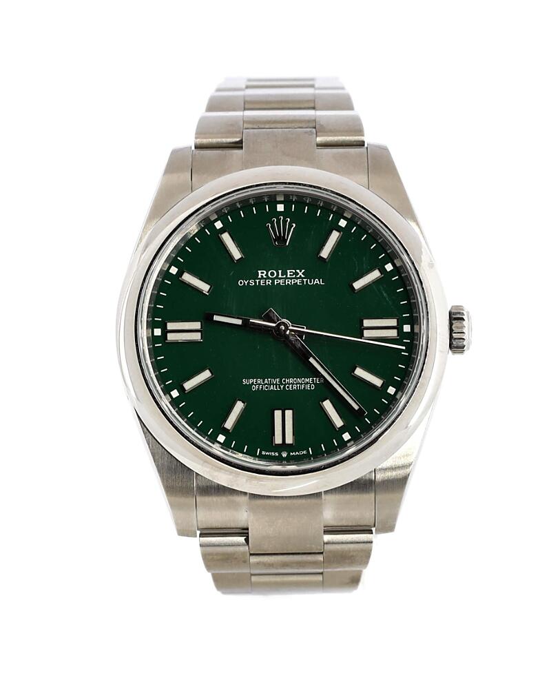 Pre-Owned Rolex Oyster Perpetual Green Automatic Watch in Stainless Steel 41mm Cover