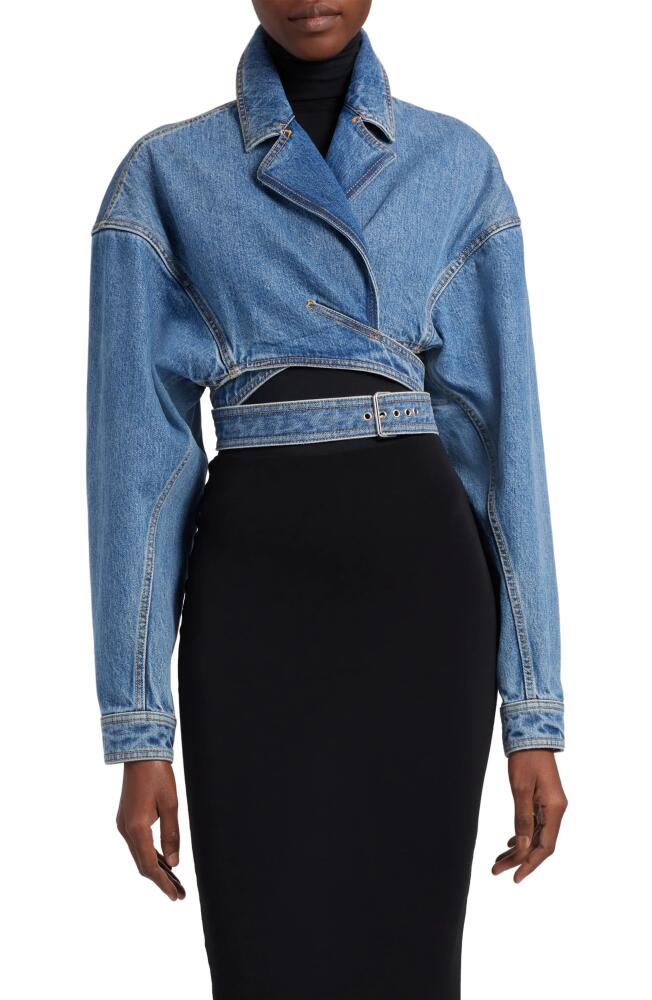 Alaïa Crossover Cutout Crop Denim Wrap Jacket in Bleu Vintage Cover