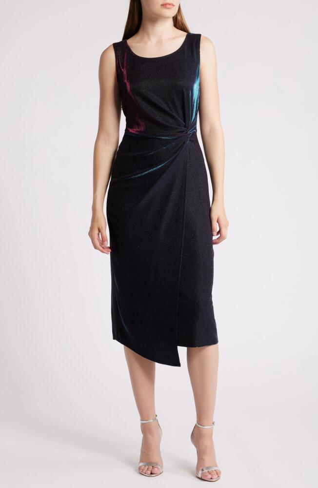 Connected Apparel Metallic Sleeveless Faux Wrap Dress in Peacock Cover