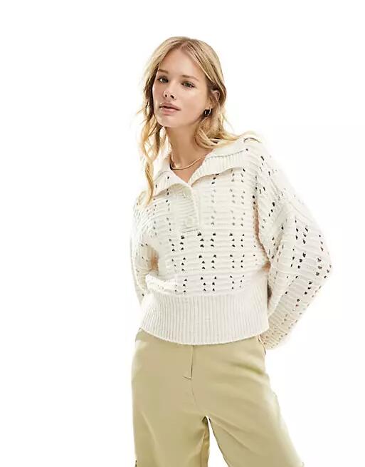 ASOS DESIGN button front open stitch sweater in cream-White Cover