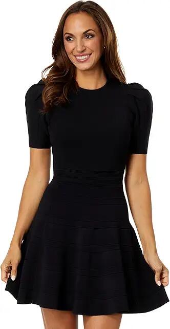 Ted Baker Velvey Puff Sleeve Dress with Engineered Skirt (Black) Women's Clothing Cover