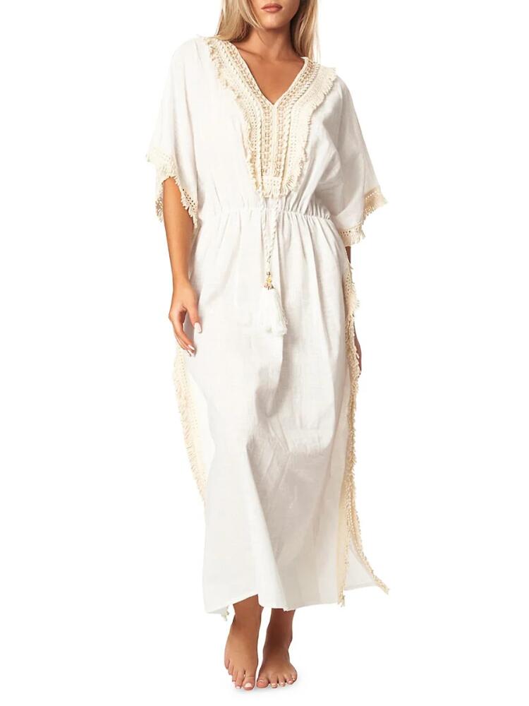 La Moda Clothing Women's Lace Trim Tassel Cover Up Caftan - White Cover