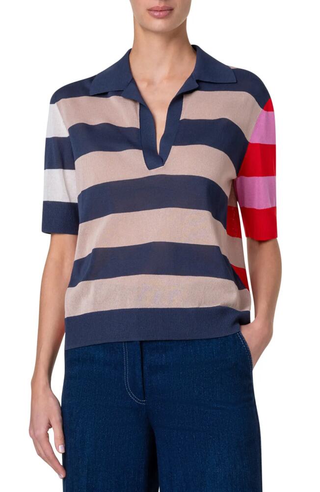 Akris punto Colorblock Stripe Sweater Polo in Ink-Beige-Pink-Red Cover