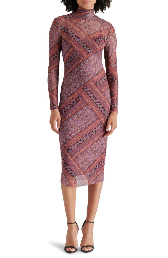 Steve Madden Vivienne Scarf Print Long Sleeve Turtleneck Mesh Midi Dress in Multi Cover