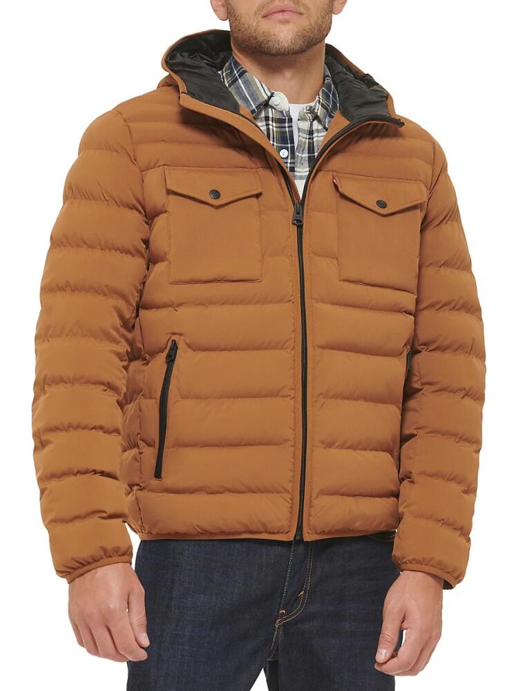 Levi's Men's Stretch Quilted Hooded Puffer Jacket - Brown Cover