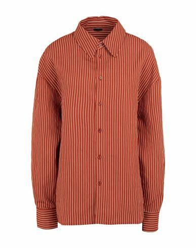 8 By Yoox Striped Viscose Oversize Shirt Woman Shirt Brick red Viscose, Polyester Cover