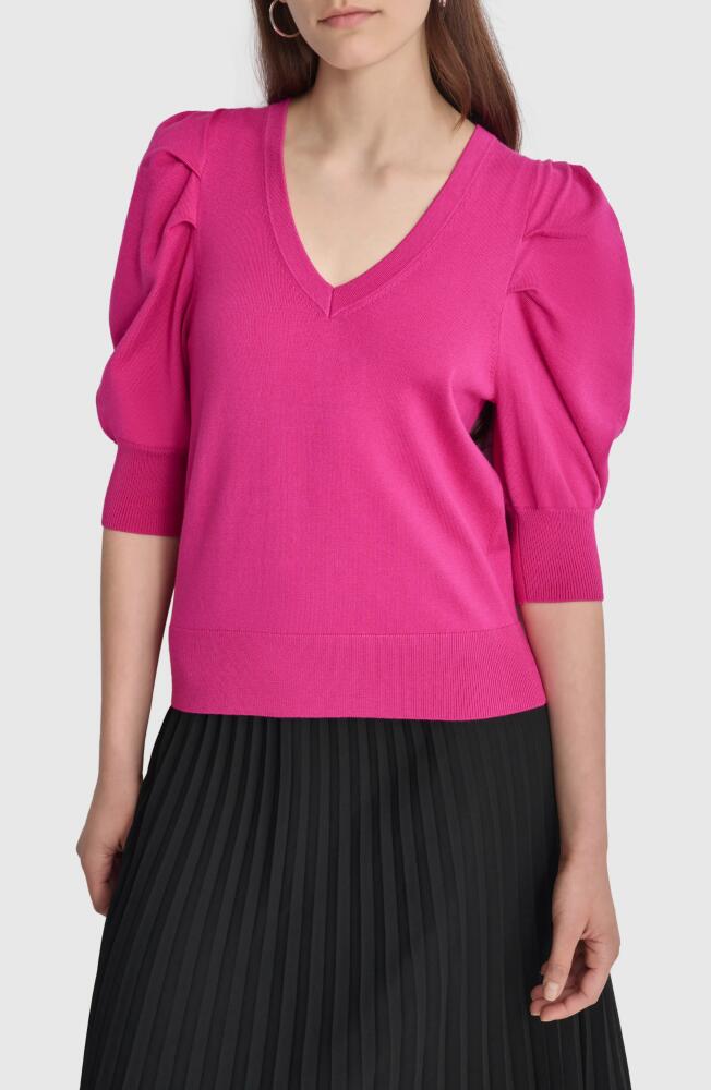 DKNY Puff Sleeve V-Neck Sweater in Festive Pink Cover