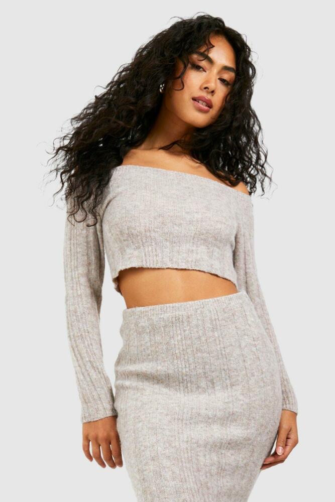 boohoo Womens Off The Shoulder Soft Rib Knit Sweater - Brown Cover