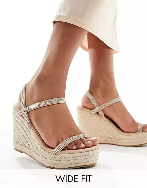 Glamorous Wide Fit espadrille wedge heeled sandals in silver diamante Cover