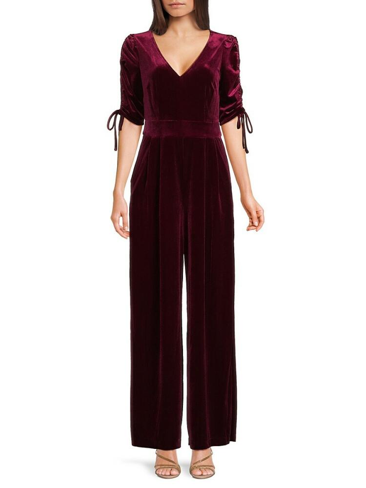 Eliza J Women's Ruched Tie Sleeve Velvet Jumpsuit - Wine Cover