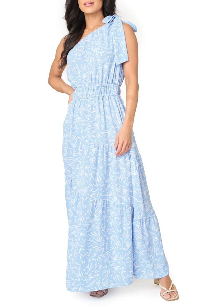 GIBSONLOOK Maya One-Shoulder Asymmetric Tiered Maxi Dress in Powder Blue Print Cover