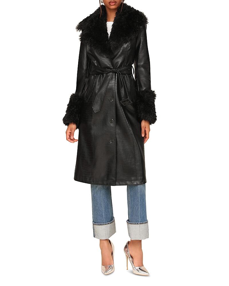 Avec Les Filles Faux Fur Trim Patent Croc Texture Faux Leather Trench Cover