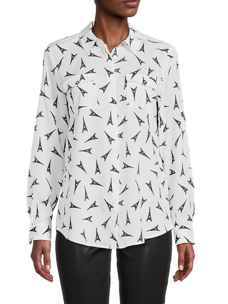 Karl Lagerfeld Paris Women's Printed Button Tab Shirt - Soft White Black Cover