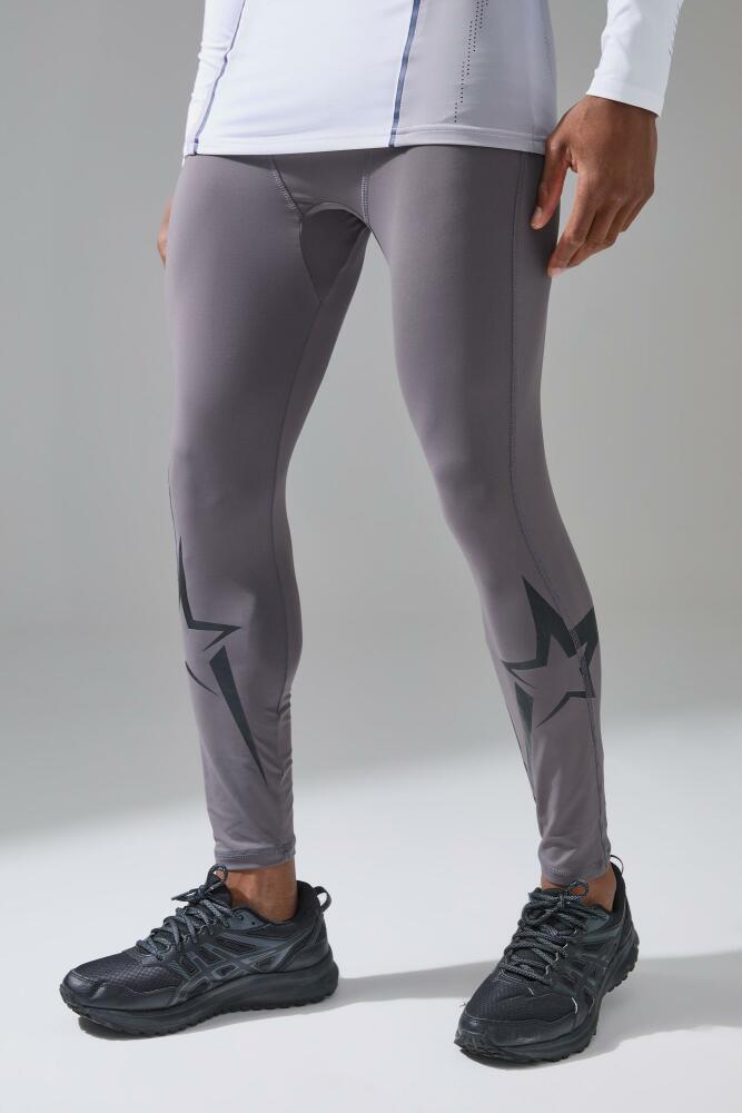 boohoo Mens P-Star Active Base Layer Leggings With Star Print - Grey Cover