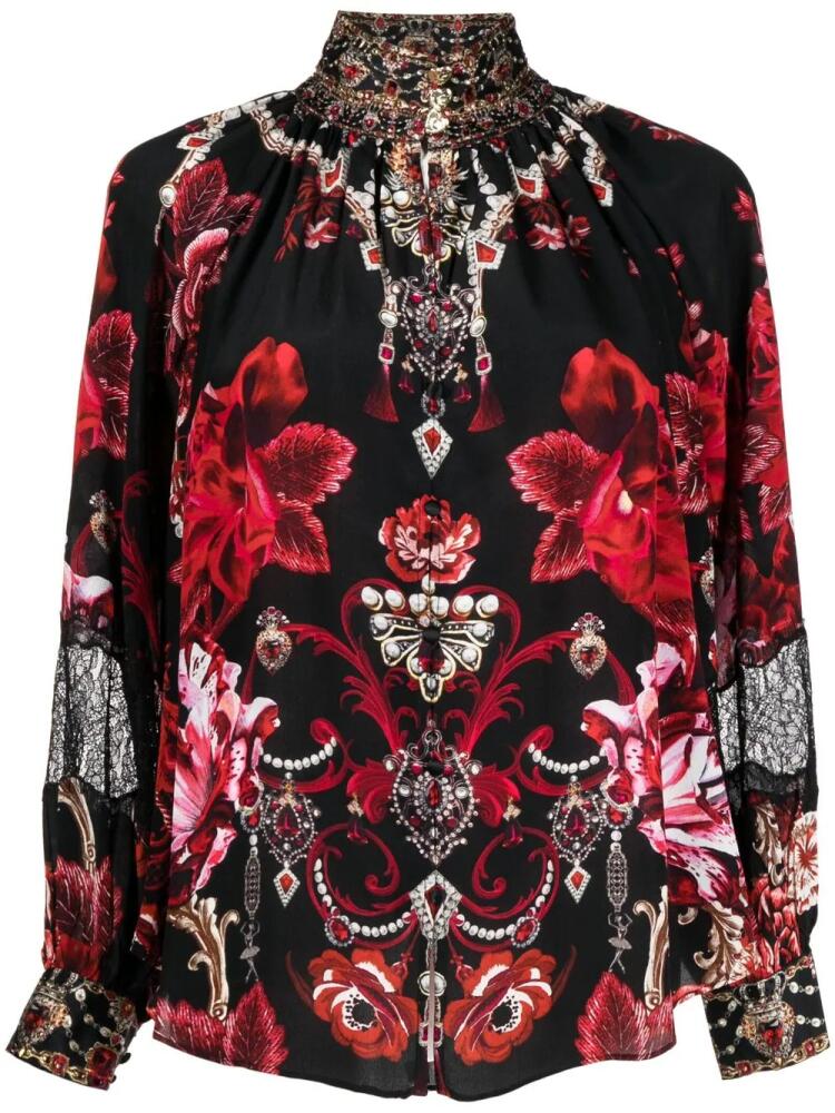 Camilla floral-print buttoned high-neck blouse - Black Cover