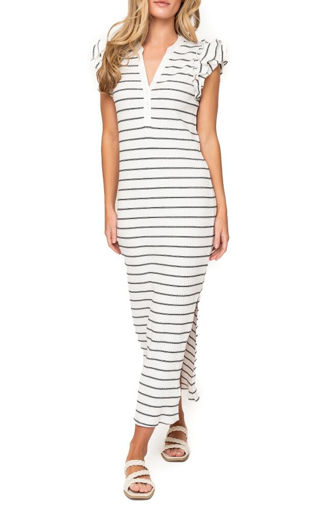 GIBSONLOOK Ruffle Cap Sleeve Rib Henley Maxi Dress in Black/Off-White Stripe Cover