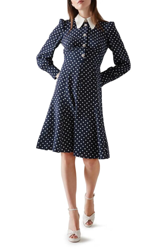 LK Bennett Mathilde Polka Dot Long Sleeve Silk Fit & Flare Dress in Spring Navy/Antique Cover