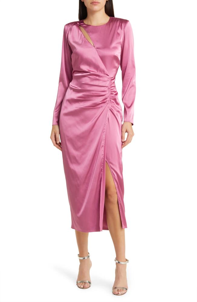 FLORET STUDIOS Side Ruched Long Sleeve Satin Midi Dress in Orchid Cover