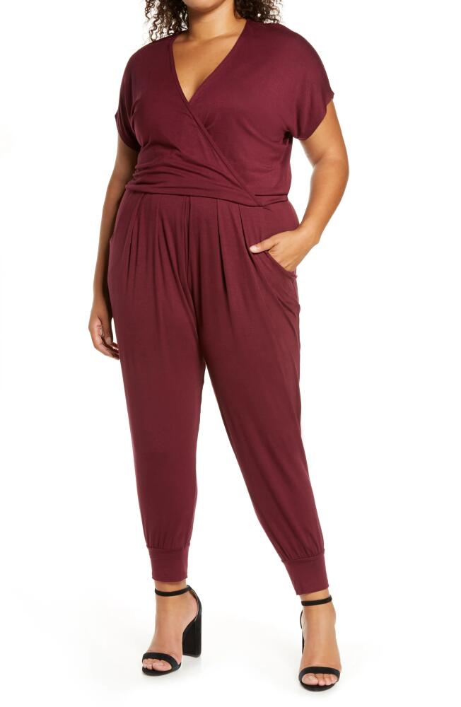 Loveappella Short Sleeve Wrap Top Jumpsuit in Burgundy Cover