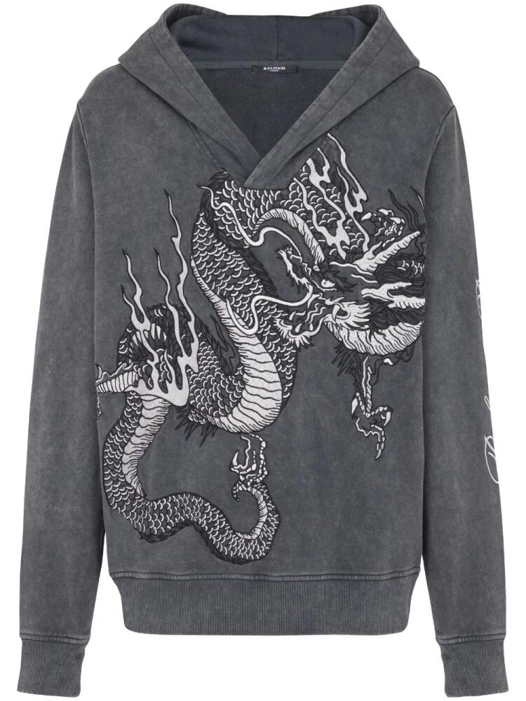 Balmain Dragon-embroidered cotton hoodie - Grey Cover