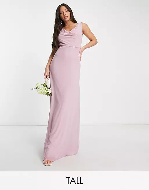 TFNC Tall Bridesmaid cowl neck button back maxi dress in pink Cover