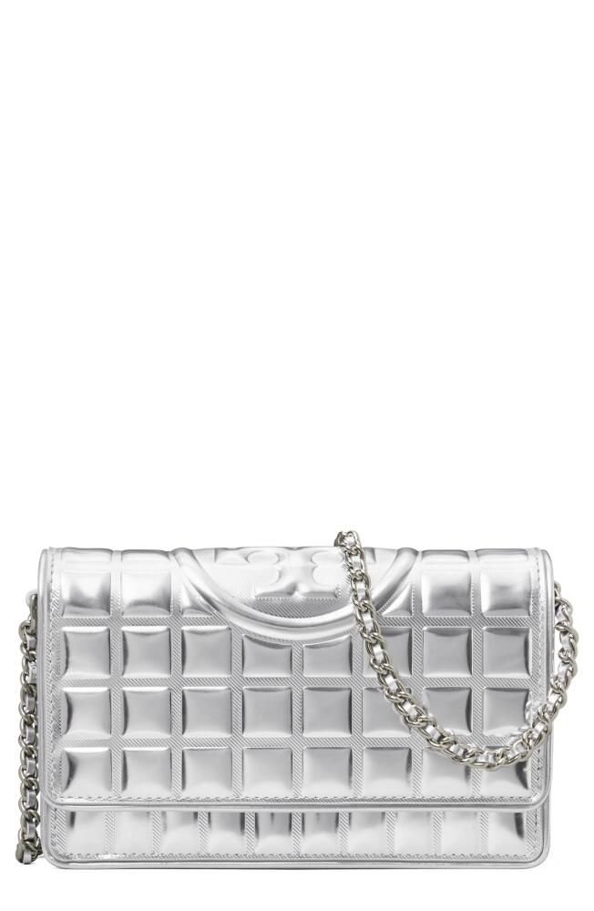 Tory Burch Fleming Soft Quilted Metallic Leather Wallet on a Chain in Silver Cover