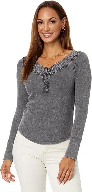 Lucky Brand Trim Mix Henley (Asphalt) Women's Blouse Cover