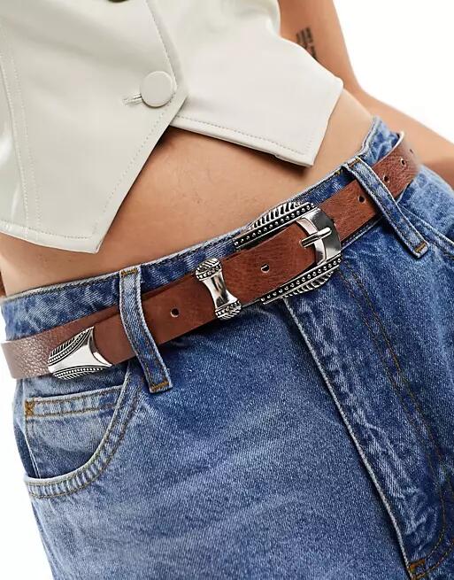 ASOS DESIGN waist and hip jeans western belt in tan-Brown Cover