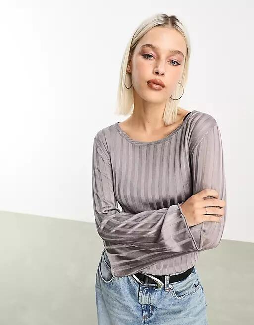 Weekday Enora knit sheer ribbed sweater in gray Cover