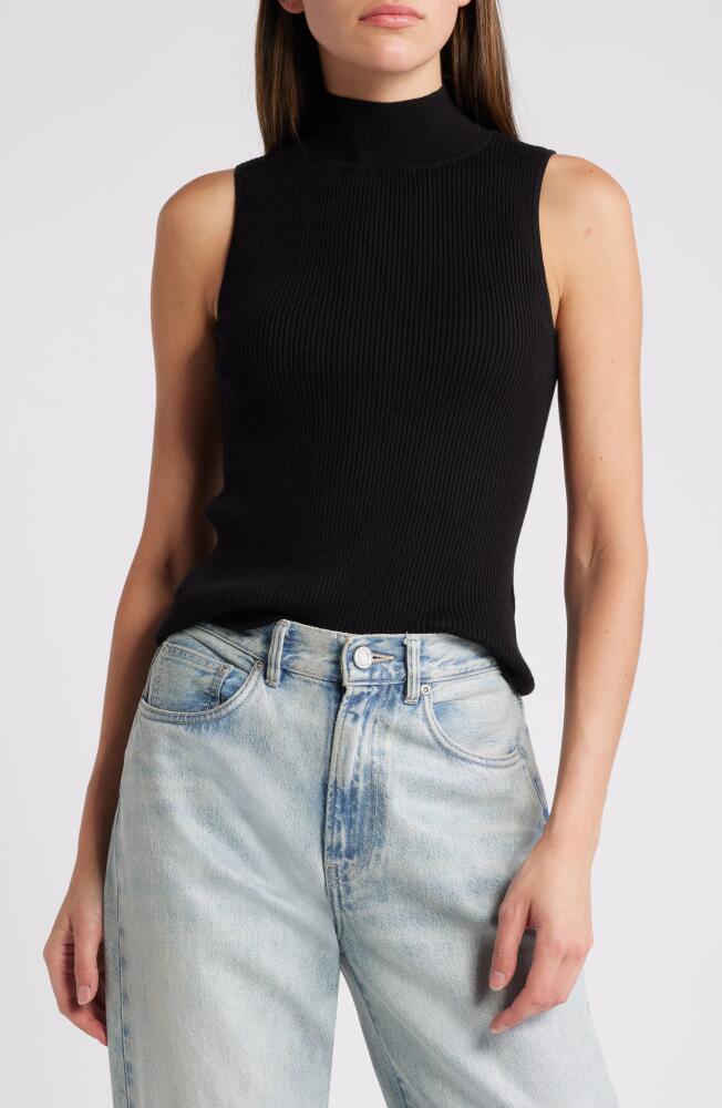 1.STATE Mock Neck Sleeveless Rib Sweater in Rich Black Cover