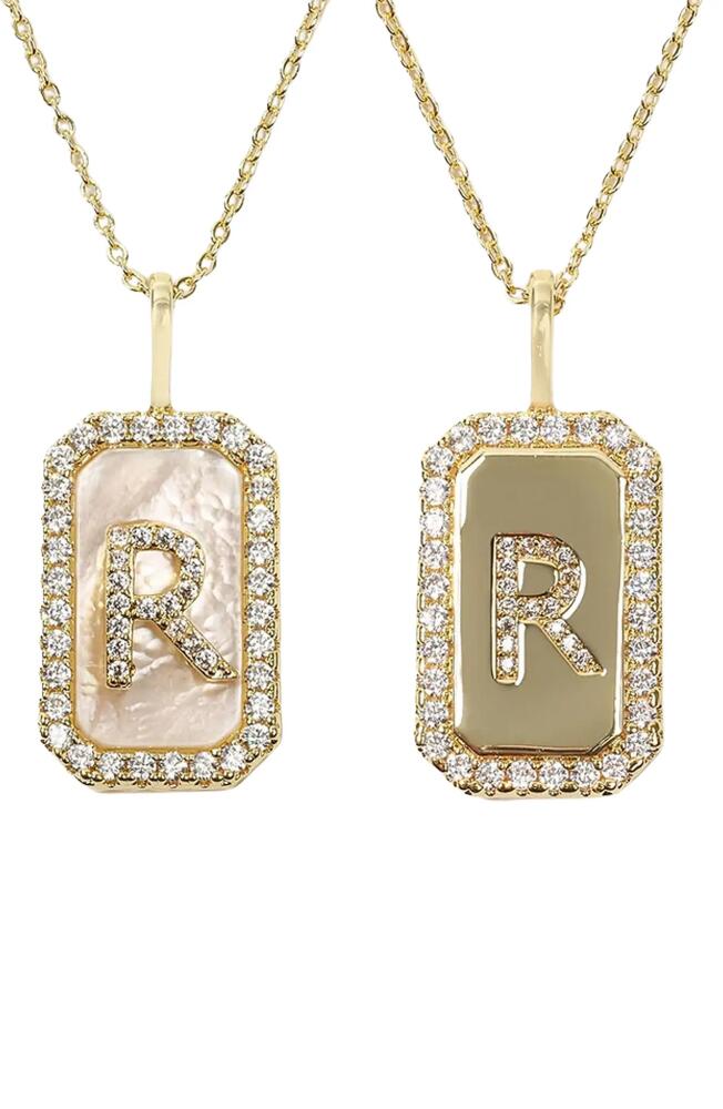 Melinda Maria Love Letters Double Sided Mother-of-Pearl Initial Pendant Necklace in White Cubic Zirconia/Gold - R Cover