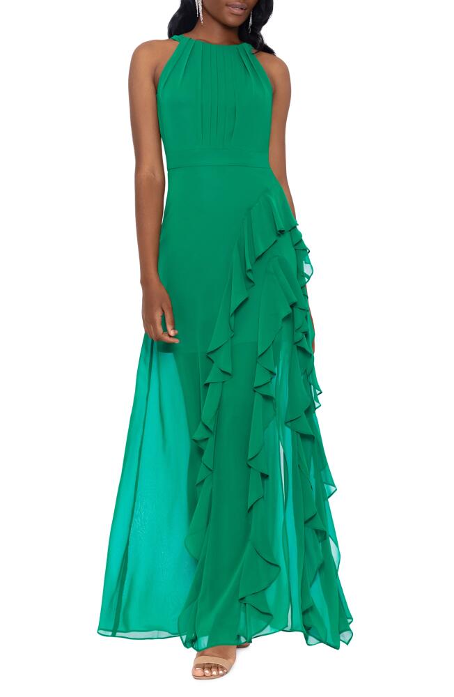 Betsy & Adam Ruffle Chiffon Gown in Emerald Cover