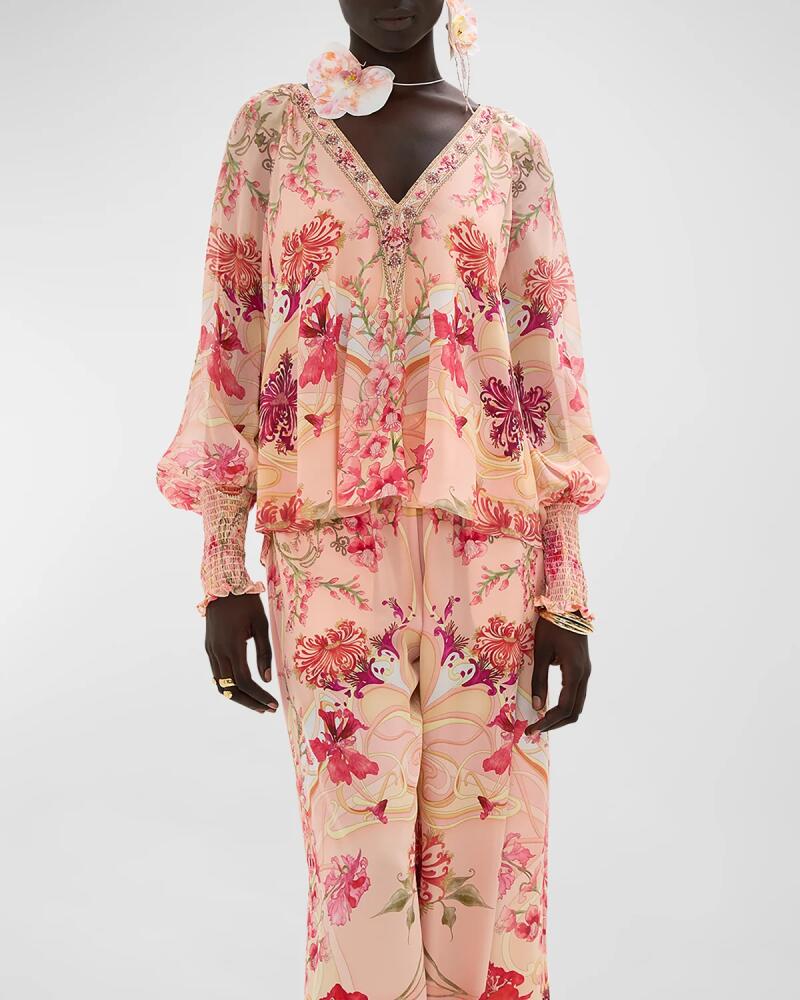 Camilla Shirred-Cuff Floral Silk Blouse Cover