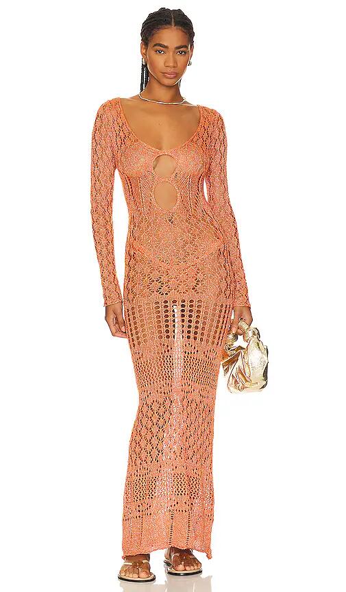 SNDYS X Revolve Long Sleeve Crochet Maxi Dress in Orange Cover