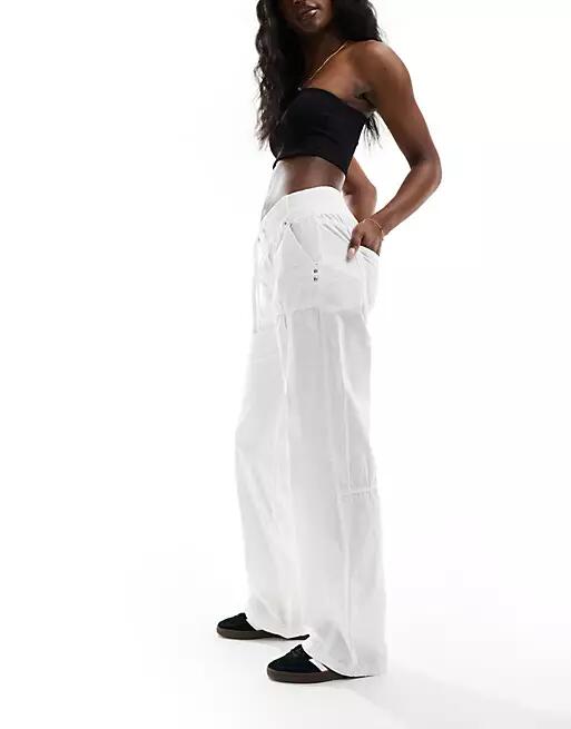 Bershka tie waist wide leg utility pants in white Cover