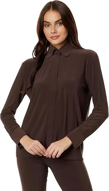 Norma Kamali NK Shirt w/ Collar Stand (Chocolate) Women's Clothing Cover