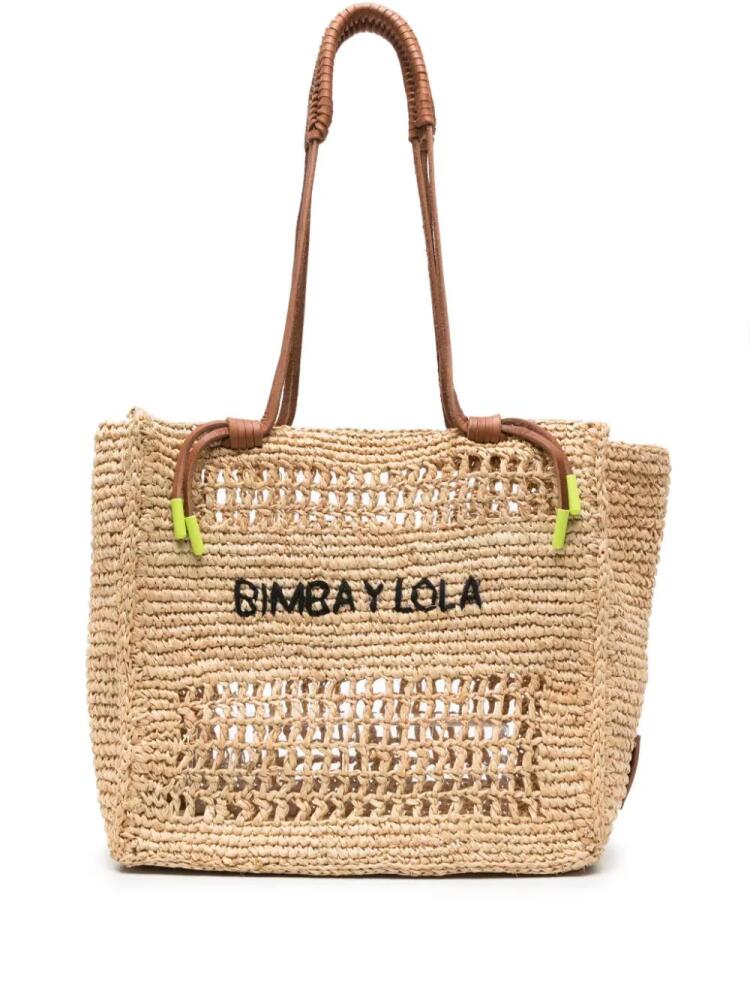 Bimba y Lola logo-embroidered raffia shoulder bag - Neutrals Cover