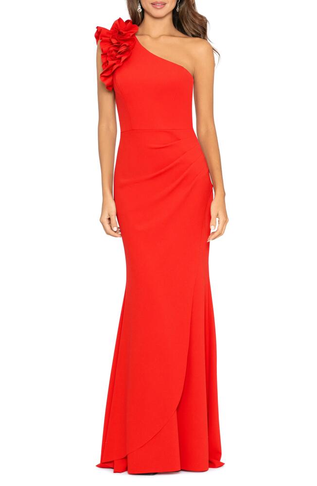 Xscape Evenings Ruffle One-Shoulder Scuba Crepe Gown in Red Cover